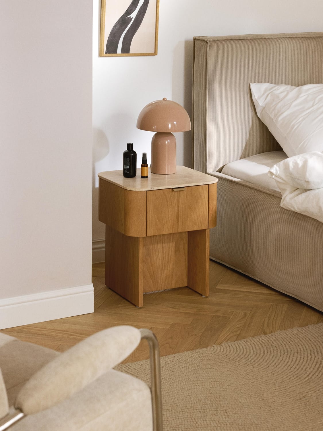 Cagno Wooden Bedside Table with Travertine Table Top
