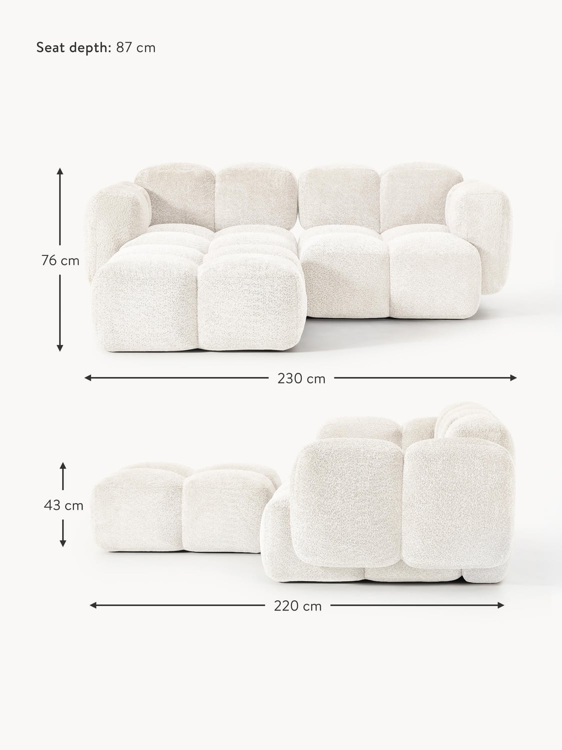 Valbrona Modular Teddy-Bouclé Sofa (2-seater) with Ottoman (left/right)