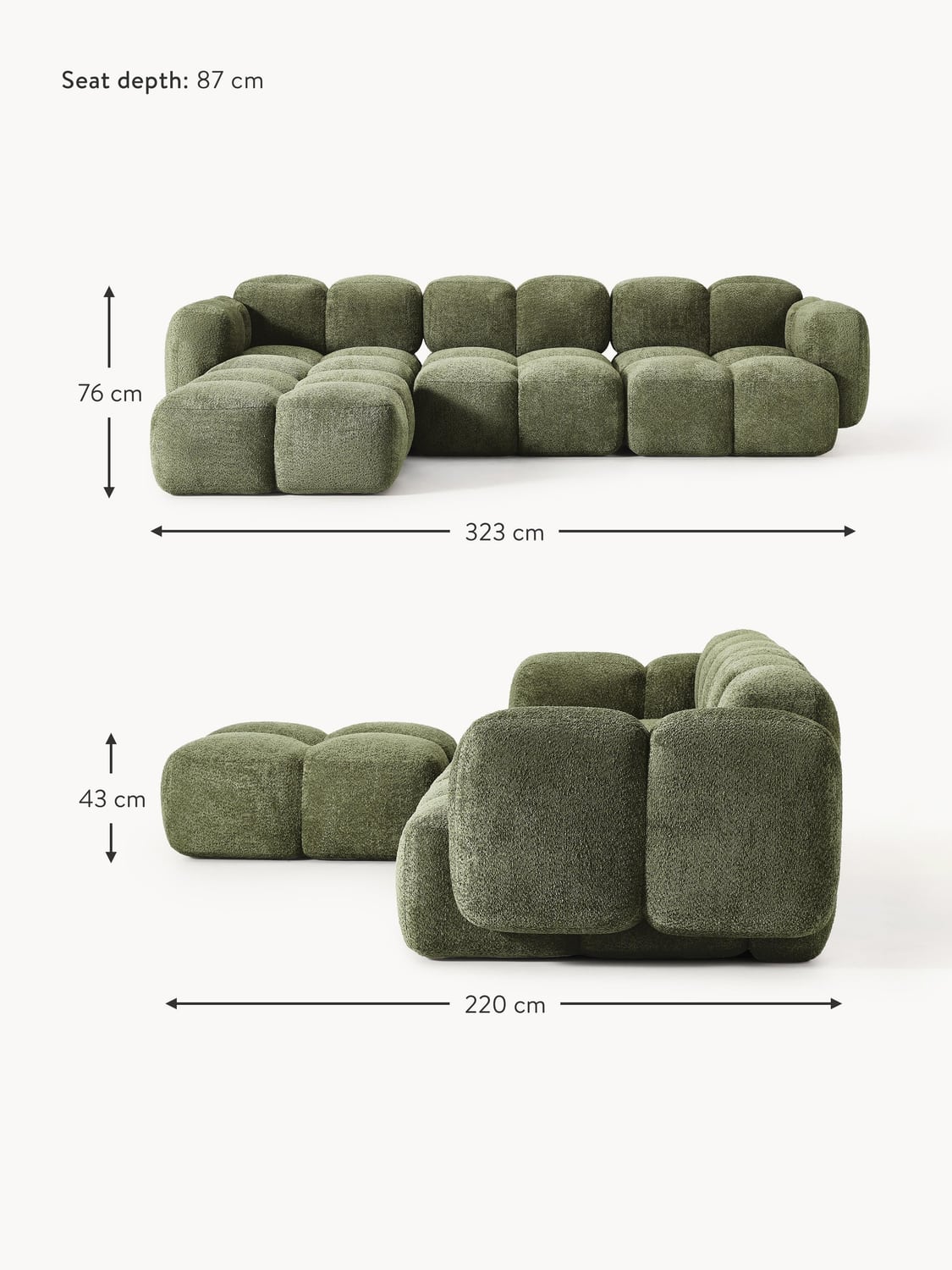 Valbrona Modular Teddy-Bouclé Sofa (4-seater) with Ottoman