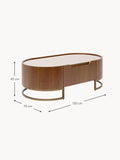 Lenno Oval Walnut Wood Coffee Table with Glass Top & Drawer
