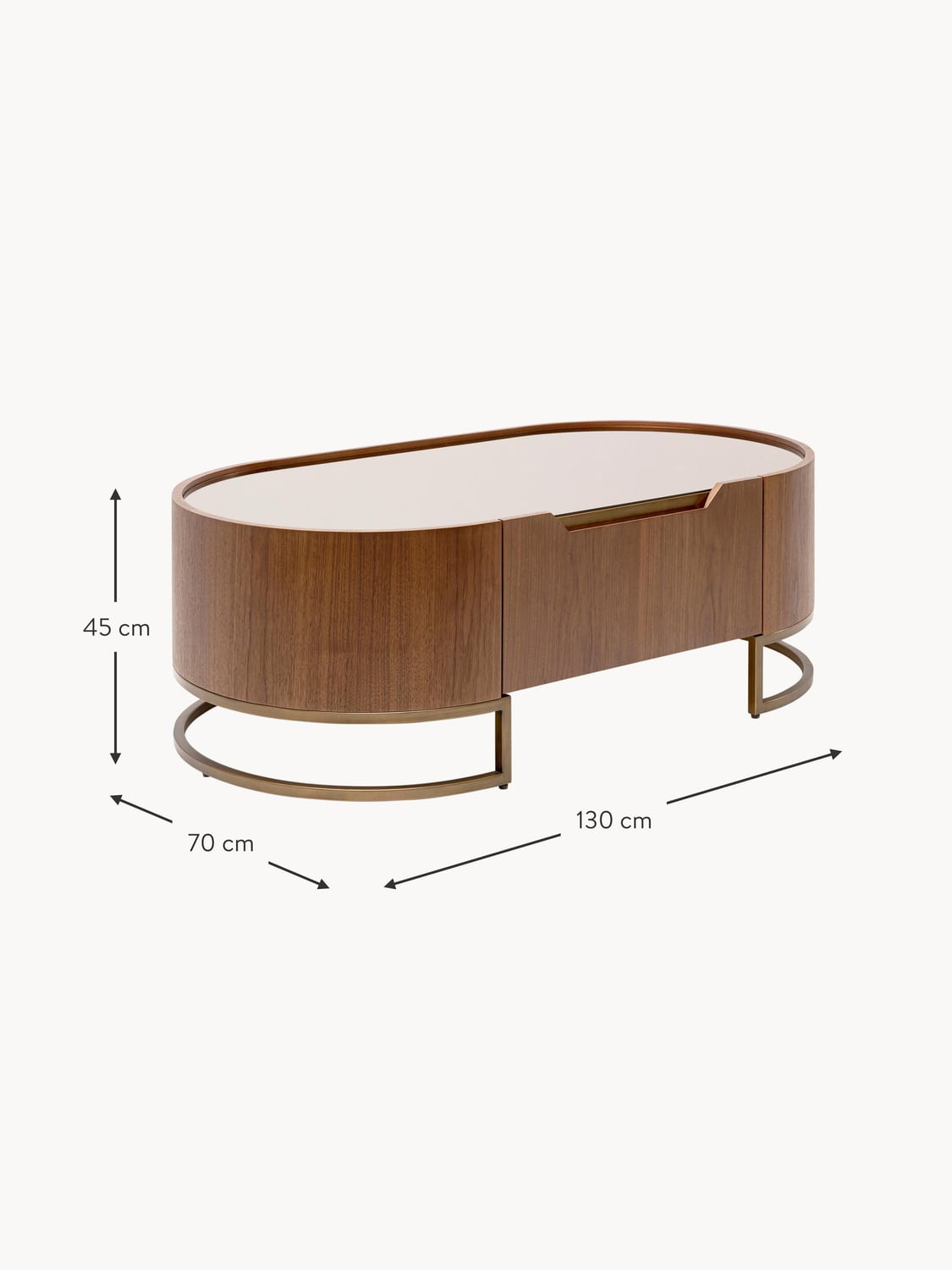Lenno Oval Walnut Wood Coffee Table with Glass Top & Drawer