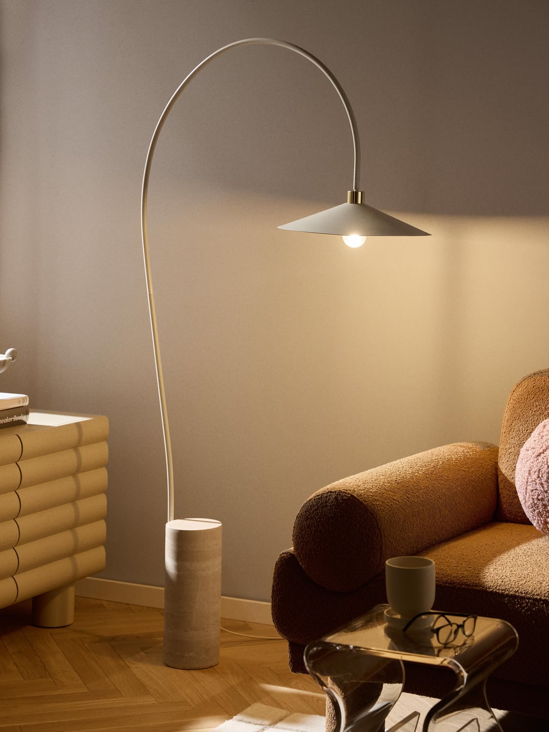 Fossano Arc Lamp with Travertine Base