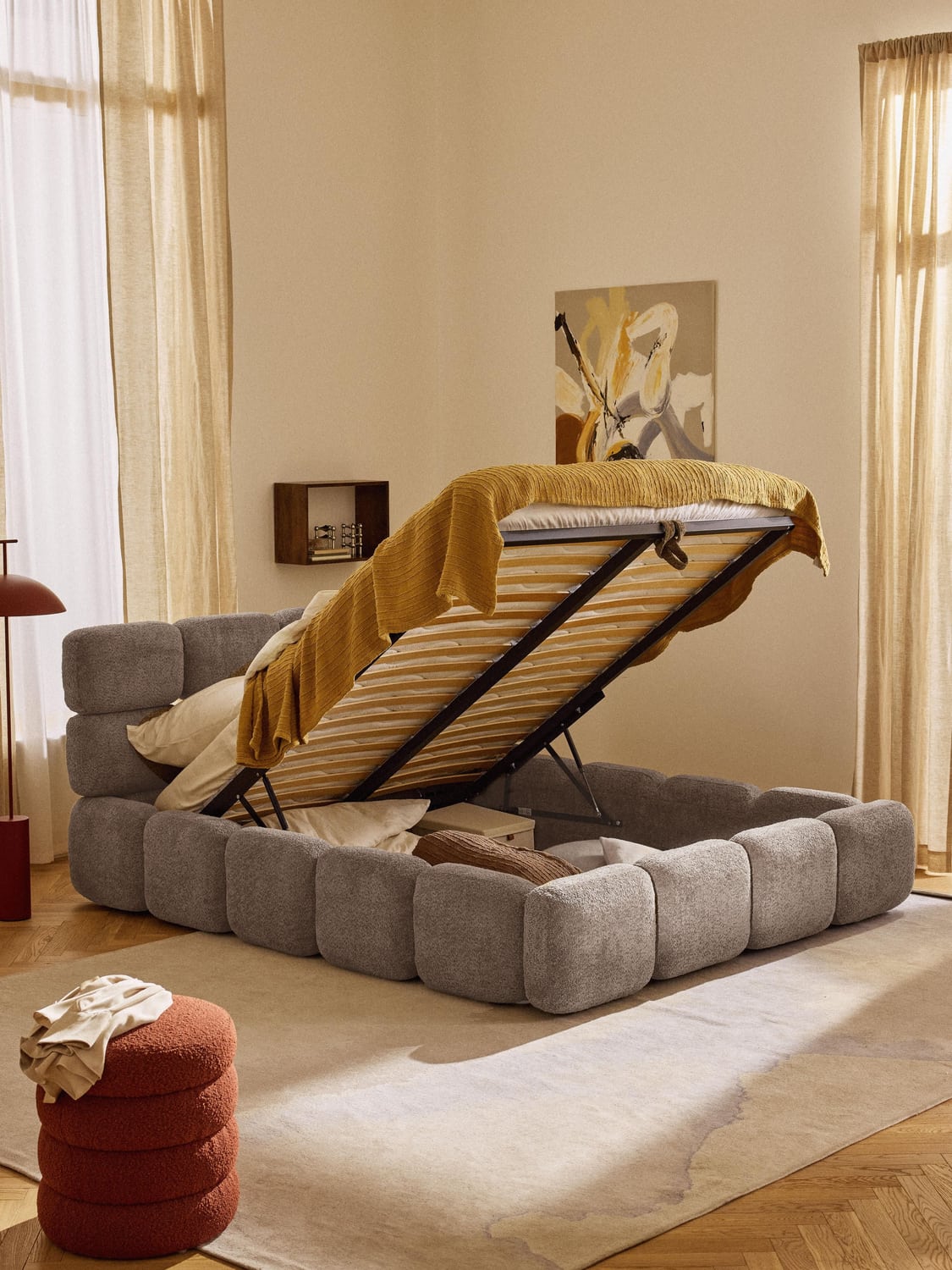Valbrona Upholstered Teddy Bouclé Bed with Storage Space