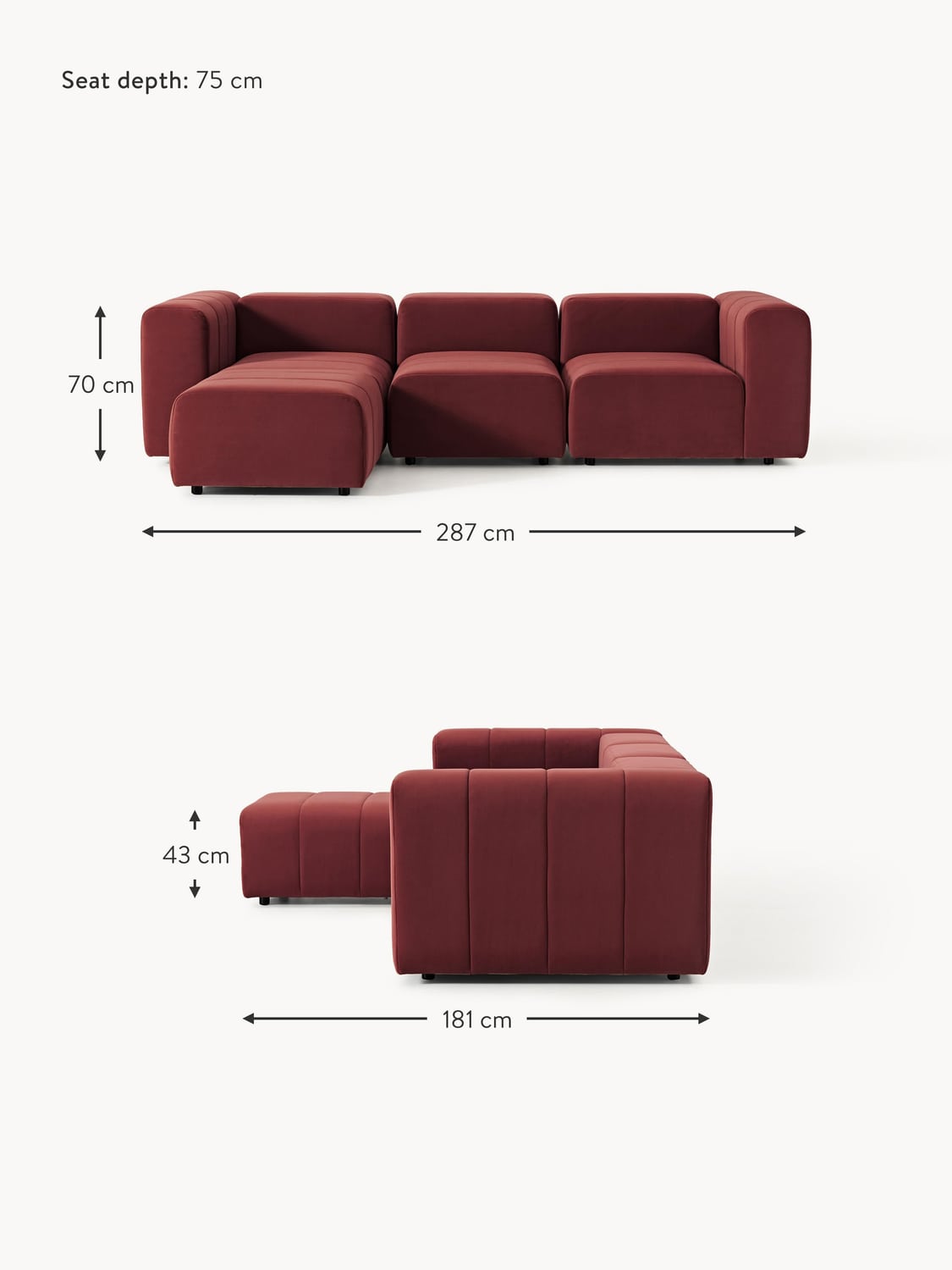 Cermenate Modular Velvet Sofa (4-seater) with Ottoman (left/right)