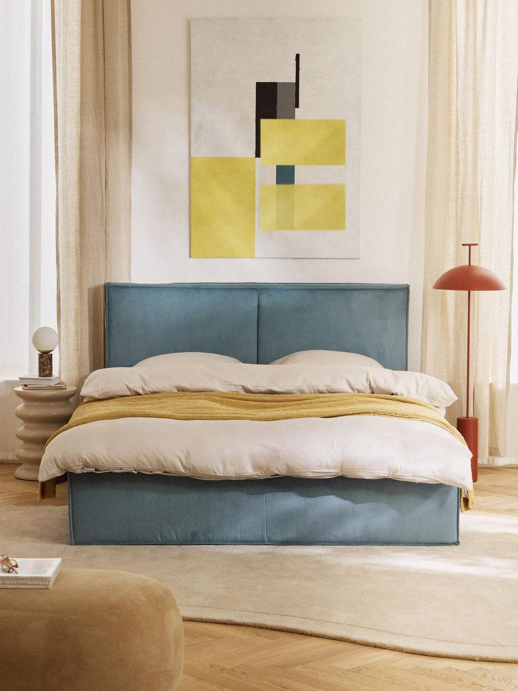 Figino Upholstered Corduroy Bed with Storage Space