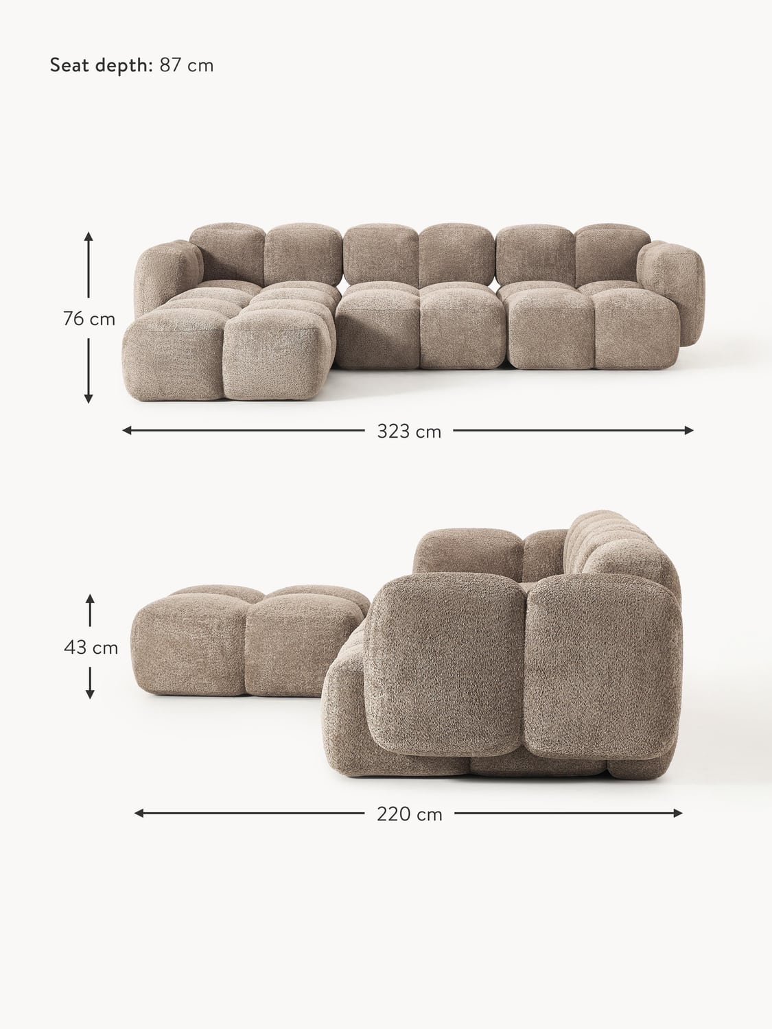 Valbrona Modular Teddy-Bouclé Sofa (4-seater) with Ottoman (left/right)