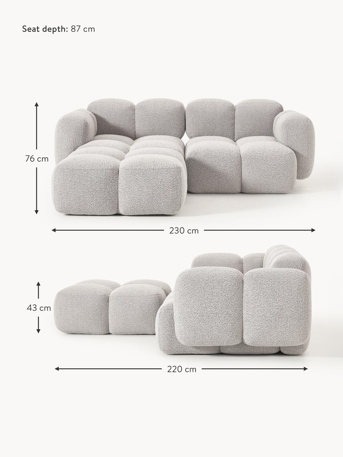 Valbrona Bouclé Modular Sofa (2-seater) with Ottoman (left/right)