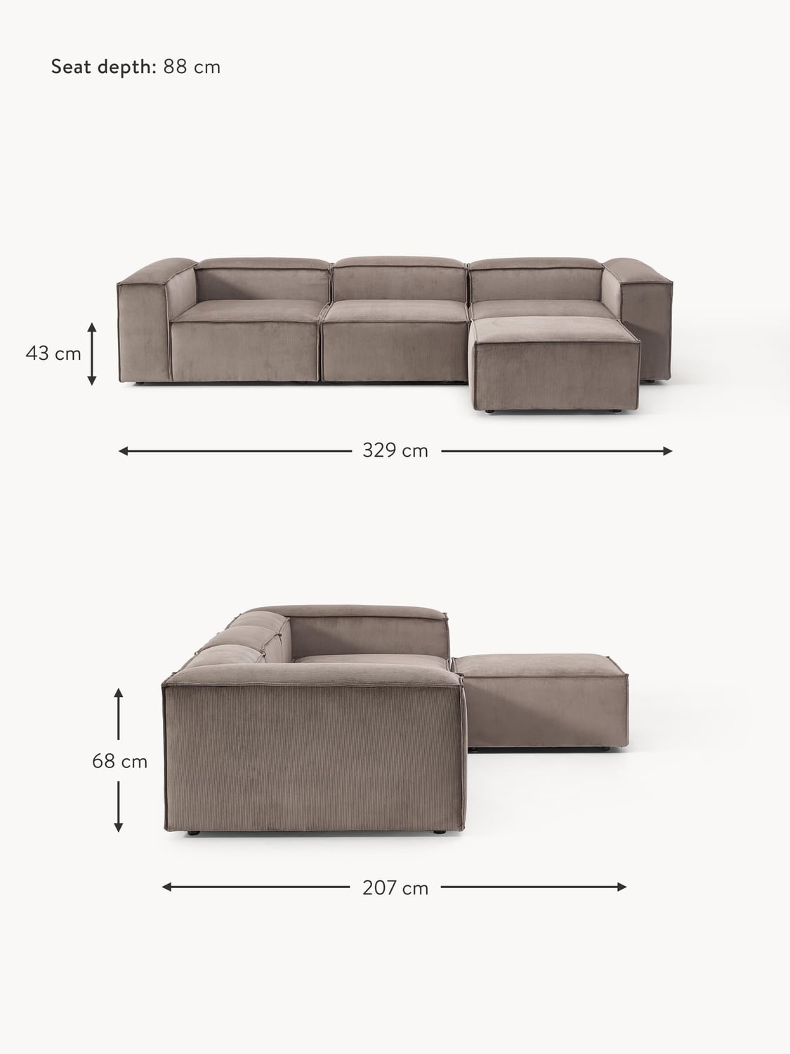 Tavordo Corduroy Modular Sofa (4-seater) with Ottoman (left/right)
