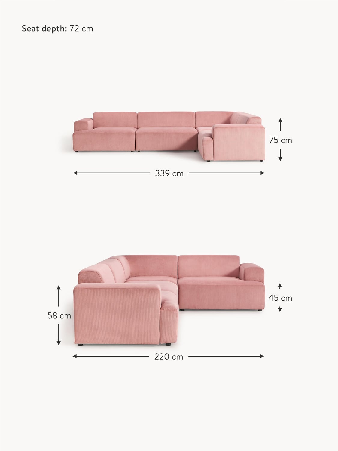 Gravedona Large Corduroy Corner Sofa (4-seater)